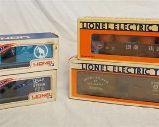 1036 LIONEL/ LIONEL MPC MODEL TRAIN LOT, 2 ARE LIONEL CENTRAL RAILROD OF NEW JERSEY WOODSIDE REEFER & LEHIGH VALLEY GANDOLA & TWO ARE LIONEL MPC BOX CARS. WITH ORIGINAL BOXES
