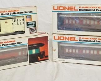 1150 4 LIONEL O & O27 GAUGE MODEL TRAINS. THREE ARE CHICAGO & ALTON WILSON PASSENGER CAR 6-9558, ONE IS LEHIGH VALLEY BOX CAR 69788
