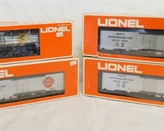 1179 4 LIONEL MODEL TRAINS, THREE ARE SWIFT BILLBOARD REEFER 6-9855 & ONE IS BORDEN PLATED TANK CAR 6-9154
