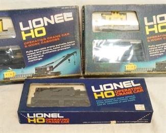 1196 3 LIONEL HO TRAIN MODELS, OPERATING CRANE CAR NO. 5-3401, & TWO OPERATING CRANE CAR & WORK CABOOSE NO. 5-8422
