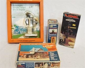 1202 LIONEL MODEL TRAIN ACCESSORIES/BUILDING KIT. LOT INCLUDES LIONEL HO ROTARY BEACON 5-4501, LIONEL HO BUILDING KIT ROOMING HOUSE, LIONEL O & O27 GAUGE SEMAPHORE & AUTOMATIC SIGNLE TARGET BLOCK SIGNAL NO. B 163
