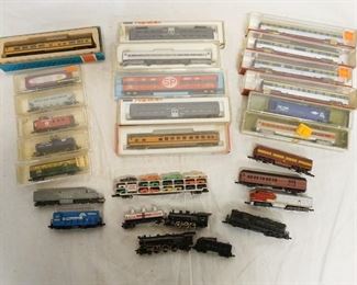 1296	LOT OF N GAUGE MODEL TRAINS INCLUDES, AURORA, MRC, CON-COR, LIFE LIKE, ARNOLD RAPIDO, & ATLAS 
