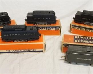 1302	LOT OF 5 LIONEL MODEL TRAIN TENDERS LOT INCLUDES NOS. 2225W, 6466W, 6026W, 671W, & 2020W
