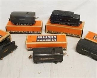 1303	LOT OF 5 LIONEL MODEL TRAIN TENDERS LOT INCLUDES NOS. 1001T, 6466WX, 2689W, 1689T 
