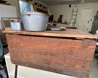 White shelf, vintage chest and  pots