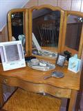 Antique birdseye maple triple mirror vanity with bench