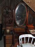 Barn items with nice English dresser, pine table, spinning wheel & other pieces