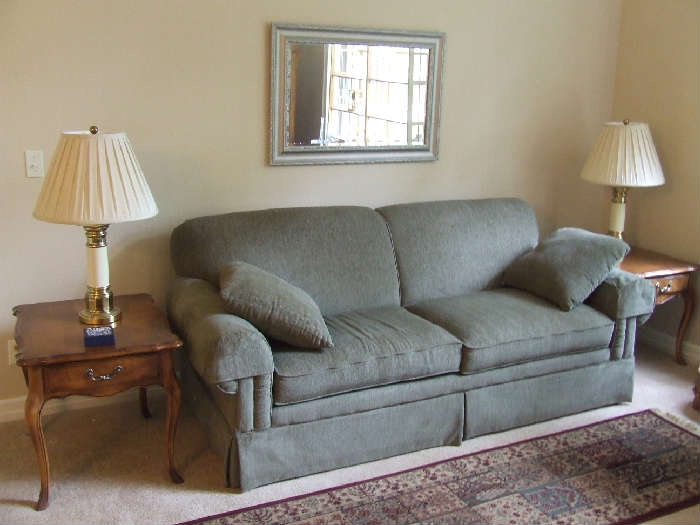 Lazboy long sofa, Ethan Allen cherry end table pair.
