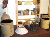 Lots of nice blue cobalt decor old crocks, jugs & a large churn. Sleepy Eye bowl, sponge ware, Lincoln pitcher & more.