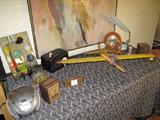 Cool old model plane, Higgins tray, chrome Chevrolet salesman award.