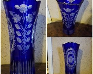15" tall x 8" diameter 
Etched cobalt blue glass