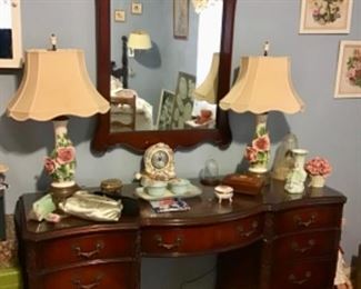 Antique Mahogany Vanity with Glass top, Matching Vintage Shabby Chic Lamps with Applied Porcelain Roses.  