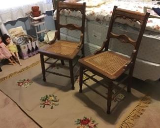 Pair of Cane Back Chairs, needlepoint rug