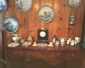 very Nice Mahogany Buffet, Large Delft Plates, Black Marble Clocks, 