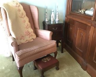 Pink Wing Back Chair, beautiful Unusual Vintage Quilt, Needlepoint Footstool