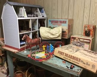 Vintage Fort Dearborn, Chinese Marble Game, Johnny Wests Covered Wagon and Horse with Box