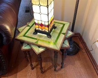 Set of 3 - Vintage Slag Glass and Stain Glass Side Tables