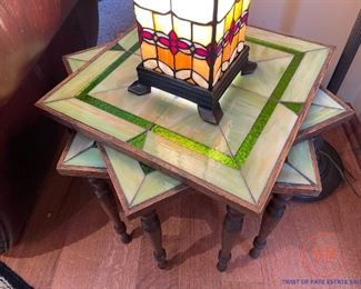 Set of 3 - Vintage Slag Glass and Stain Glass Side Tables