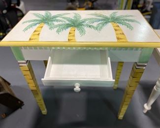 Jonathan Taylor hand painted letter desk. 30”w x16”d…x31’ high with palm trees. One drawer.