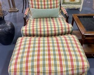 Country red/yellow with green apple plaid over sized super comfy conversation chair with cushioned arm rest and over sized ottoman.  Chair dimensions 34”w x 24” deep x18 1/2 “ high.   Ottoman 34” wide x24 “deep x18 1/2 “ high