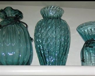 Turquoise glass vases. Set of three. 