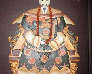 Ornate Oriental wall art. Ivory look on brown leather look background with leather look frame “King on throne”.   ‘ Queen  on throne” also available. DIMENSIONS: 24”w x 36 “ high