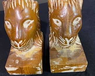 Solid wood lion head bookends. Set of two.