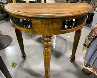 Solid wood hallway lamp table with inset wrought iron elephants   