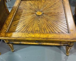 Bahama style large coffee table with fanned wood top one drawer.