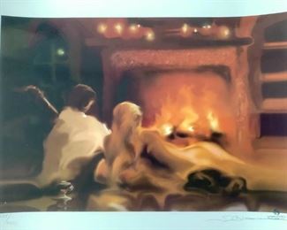 Unframed Artwork
Three (3) rolled prints stored in tube. One (1) of two people in front of fireplace #1409/2250 signed by S. Bloom on photographic paper & appears textured H9" x W14". One (1) abstract boat scene, illegible signature H19" x W22". One (1) of Adirondack chairs facing beach printed name Marko H22.5" x W23.5"