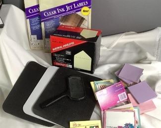 Office Supplies
Large lot of office supplies including ream of legal paper, business card paper, ink jet labels, gold foil 1" circles, mouse pads, magnifier glass, staplers & staples, hole punches, post-it notes of various sizes & colors & more.