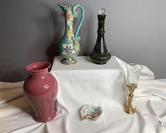 Vases
Variety of decorative vases: "ANEMONE" hand painted in Belgium, tagged H. Bequet (handle has been broken & repaired) H13". Green vase. Trinket dish, Chubu China from Occupied Japan & More.