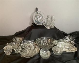 Vintage Anchor Hocking Glass
More than twenty-five (25) pieces of Anchor Hocking Prescut clear glass including, cruets, relish dishes, covered candy dish, cream & sugar set, butter dish, bowls, etc.