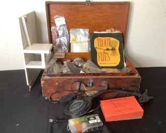 Fly Tying Fishing Equipment
Large wooden box with clasp closure full of fly tying equipment: instruction booklet (home made), feathers, wasps, needles, thread, ring light (powers on), & much more. Includes a fishing vest (size Large), three (3) Remington rod cases, and one (1) Berkeley Graphite rod. See photos for sampling.