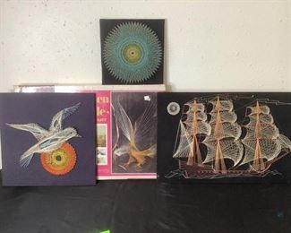 String Art
Four (4) string art boards. One (1) new in box Golden Eagle kit H18" x W28". One (1) completed seagull/sun H18" x W18". One (1) sailing ship H18" x W28". One (1) circular design H12" x H12". Good condition