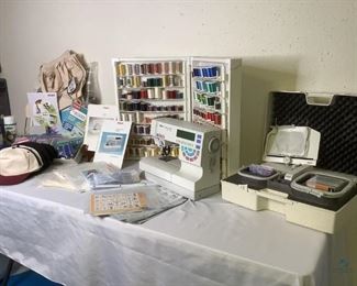 Pfaff Embroidery Unit
Pfaff Embroidery Unit Model 7570 Made in Germany. Large collection includes designer software creative suite; assorted threads; No Fray Spray & fabric stabilizer head & bond tape, supply of needles, box of bobbins, canvas tote stock & caps ready for embroidery, design index, iron-on stabilizer, creative fantasy cap case with cartridges. Unknown working condition.