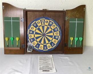 Wall Mount Dart Board Set
Dart board comes in a wooden case with the H.M.S. Essex 1751 design on the doors. Doors open to dart board. Includes six darts and instructions. Wooden outer case shows wear, 20"Hx16"W with doors closed.