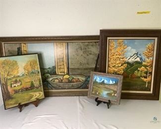 Landscape Paintings
Three (3) landscape paintings. One (1) is a large original painting of trees with snow covered mountain, signed by V. Buzzer. One (1) is a countryside scene, hand painted but not signed. One (1) small hand painted picture of a stream with mountains. Also includes a large framed print of a table decorated with a bowl of fruit. All items are framed, frames show signs of wear. Largest piece is 29.5"Hx35.5"W.