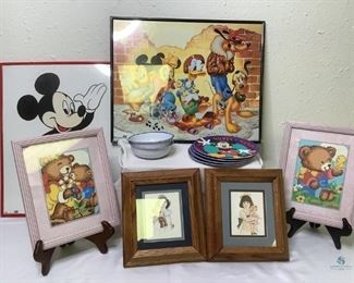 Disney Prints and Dishes
Two (2) Mickey Mouse framed prints, 16"x20". Two (2) Mickey Mouse children's plates and matching bowl. Two (2) Pooh children's plates and matching bowl. Also includes two (2) pink framed bear prints (9"x11") and two (2) wooden framed little girl prints, 9"x8.5". All are dusty from storage and some show signs of wear.