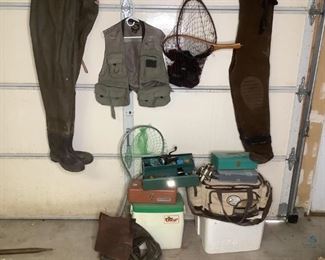 Bass Pro Canvas Tackle Box, Lures & More
Fishing lot including: boots/waders (unknown sizes), vest, nets, gloves, Bass Pro tackle box (canvas) filled with equipment, multiple metal & plastic tackle boxes with equipment inside (tools, reels, etc.), coolers (styrofoam & plastic). See pictures for sampling of items.