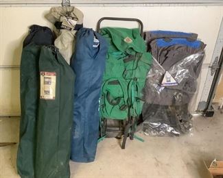 Backpacking & Camping Equipment
One (1) Camp Tracks brand green backpack. Two (2) Coleman Mountain Wear backpacks (appear new in bags). One (1) Natural Gear folding lounge chair in bag. Three (3) folding chairs (unknown brands) in bags. One (1) Coleman folding camp table in bag.