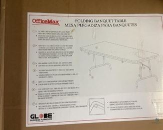 Office Max Folding Banquet Table
One Office Max 8 ft. Folding table in original box. Label states it has 5/8" solid core top and steel hinges and legs.