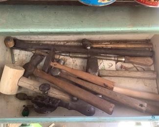 Finishing Hammers & More
Single drawer of various tools including hammer, mallets, finishing tools. Includes a vintage hand crank drill.