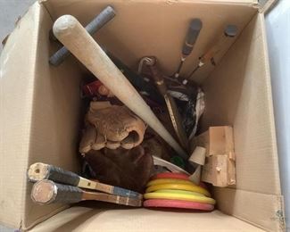 Sports Equipment Galore
Large assortment of sporting equipment including: baseball bats & gloves, vintage tennis rackets, badminton rackets & net & birdies ping pong balls, frisbees, racketball racket, bowling bowl & shoes in bowling bag, Reebok Slide balance fitness program & More! See photos for sampling.