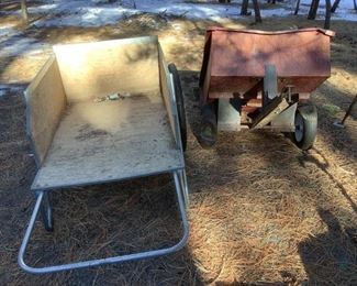 Outdoor Work Carts
Two (2) outdoor work carts.One (1) metal framed with wood sides/floor & wire spoked wheels, H31" x W38" x D48" (without handle). One (1) metal "Load Hog", H27" x W34" x D44" (without tongue) has flat tire, rusted and dings.