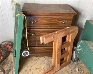 Dresser, Twin Head/Foot Boards & Homemade Dolly
Dresser used in shed, H38" x W32" x D17" missing knob & loose handles. Twin size vintage headboard/footboard (no side rails). Homemade dolly/cart on 3 wheels, H9" x W20" x D40". Two (2) wood chair ends.