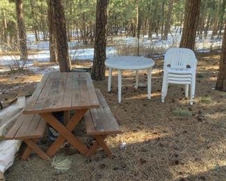 Wooden Picnic Table/Plastic Table & Chairs
Wooden picnic table with two (2) benches, H48" x W66" x D29". Round plastic table with four plastic chairs, H29" x 38" diameter. Outdoors so used/dirty condition