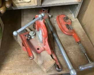 RIGID Brand Tools
Pieces include vice, wrenches, pipe threader, pipe cutter. Marked RIGID Heavy Duty.
