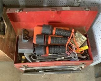 Craftsman Tool Box with Tools
Craftsman three-drawer tool box filled with tools! Top tray has drills bits, flash lights and misc. tools as well. Also one large wood tool box with adjustable T squares and more. Also a box with what appears to be a small kiln and other misc items.