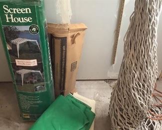Screen House & Hammock
Academy Broadway (sold at Sears) 8' x 10' screen house. Center height 86" wall height 66" Size 92" x 72". Stored in bag/box & not removed. Unknown if complete or conddition. Rope hammock (unknown size/condition). Extra canvas.